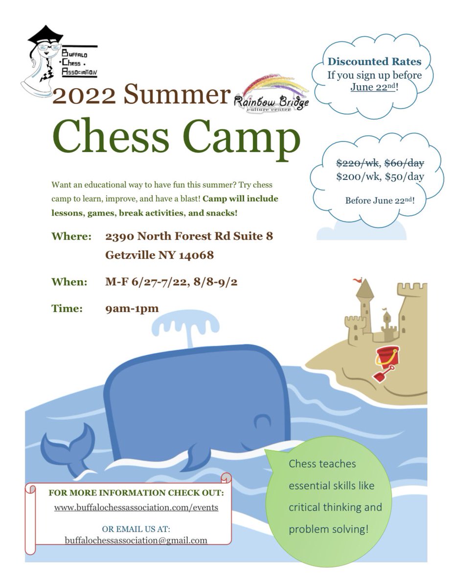 BuffaloChess's tweet photo. Looking for a fun way to train your brain this summer? Chess camp is a great way to improve critical thinking, focus, and social skills!
The reduced price has been extended to June 30th! Sign up: https://t.co/7eUz6gJGnG

#chess #buffalochess #chesscamp #chessforkids #summercamp https://t.co/lNjHLuatd5