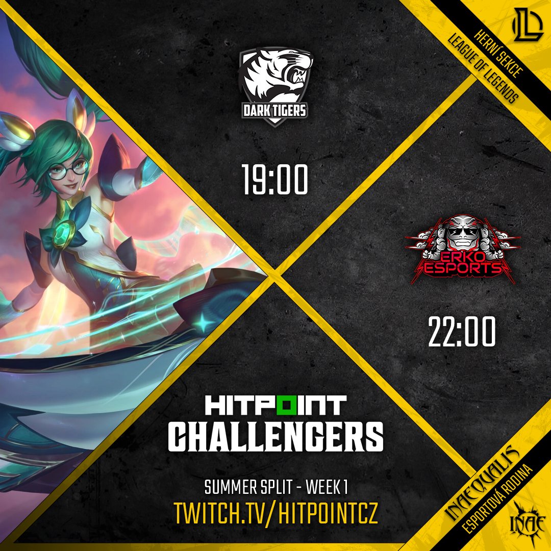 Inaequalis_zs's tweet photo. 👀 Summer split @hitpointcz Challengers je tu!

Zahrajeme si  tak: 

Od ⏰ 19:00 ⚔️ @darktigersgg Academy

Od ⏰ 22:00 ⚔️ @ERKOEsports 

👉 Sledujte na https://t.co/uwgEr0CdLb

@trungi_lol @_Vibe05_ @Jzoufalyj @AstraiosLoL @Sysak17 @mendo_lol @MaTTEurope @InaeMachi https://t.co/dfLfzdDmxK