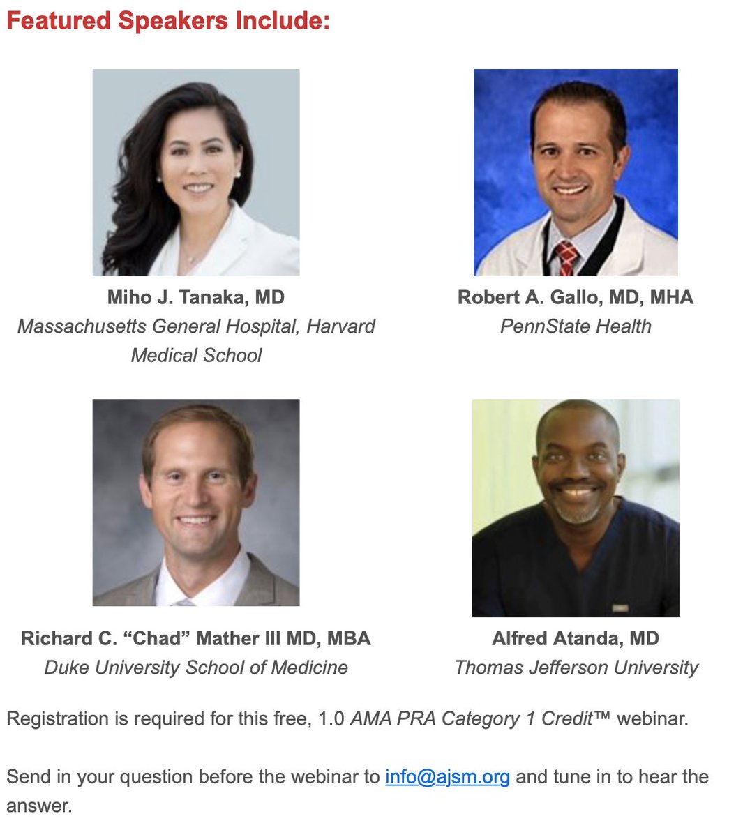 Dr. Miho J. Tanaka (@drmihotanaka) on Twitter photo Join me, <a href="/DrRobertGallo/">Robert A. Gallo</a> <a href="/MatherMD/">Chad Mather</a> and Dr Atanda tomorrow for our @AJSM_SportsMed #Webinar as we discuss updates on #telemedicine in #SportsMedicine
Registration is FREE at: education.sportsmed.org/Public/Catalog… Join me, <a href="/DrRobertGallo/">Robert A. Gallo</a> <a href="/MatherMD/">Chad Mather</a> and Dr Atanda tomorrow for our @AJSM_SportsMed #Webinar as we discuss updates on #telemedicine in #SportsMedicine
Registration is FREE at: education.sportsmed.org/Public/Catalog…
