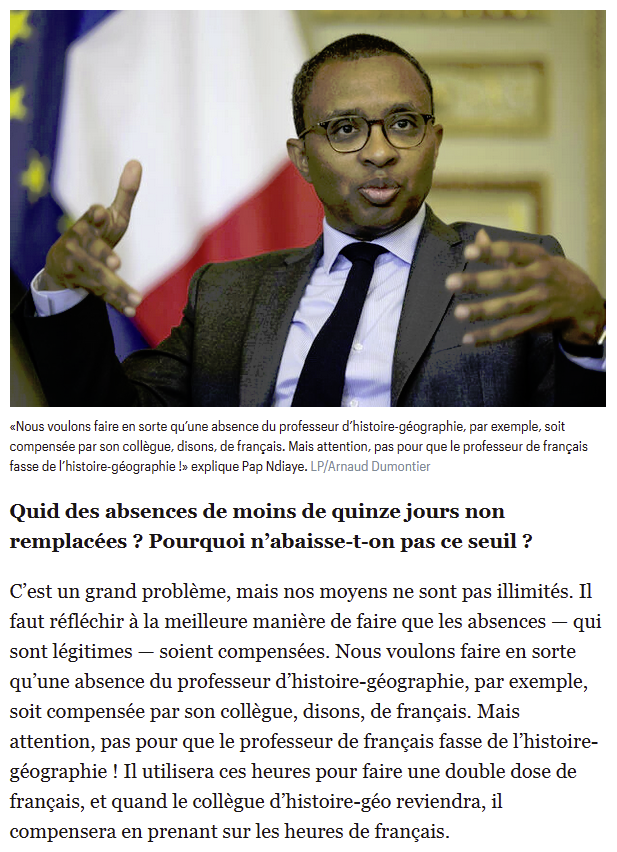 Dupognonprofs's tweet photo. 🤔😒

Pap Ndiaye propose qu'un enseignant malade réalise, à son retour, les heures qu'il n'a pas effectuées pendant son arrêt.

C'est comme si on demandait à un salarié absent une semaine de faire 70h la semaine suivante quand il reprend le taf, normal ? 😶

#NdiayeDemission https://t.co/TaOdsKdUuo