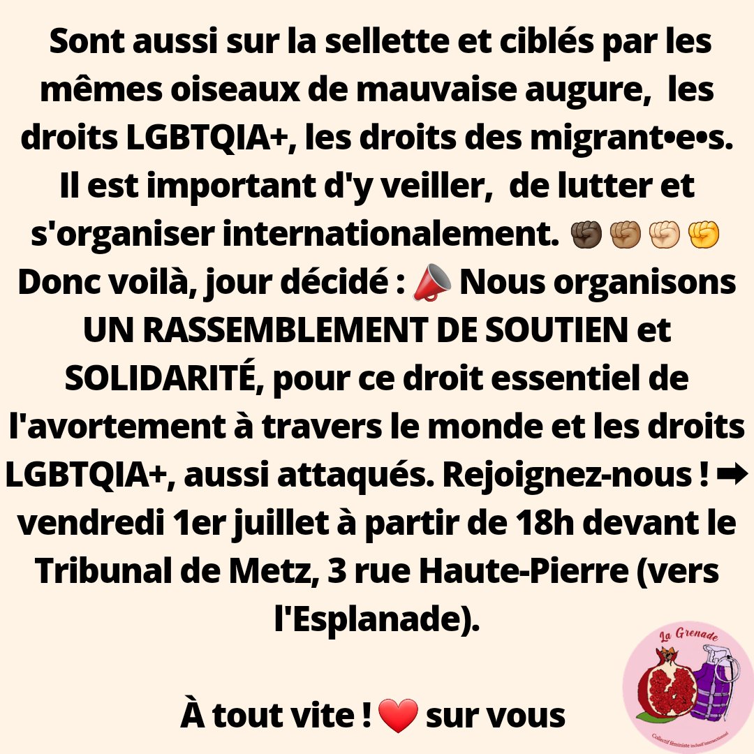 LaGrenadeCollec's tweet photo. RASSEMBLEMENT EN SOUTIEN ET SOLIDARITÉ ! 💥✊ Ce vendredi 1er juillet, 18h, devant le Tribunal de Metz https://t.co/atE3OtODyo