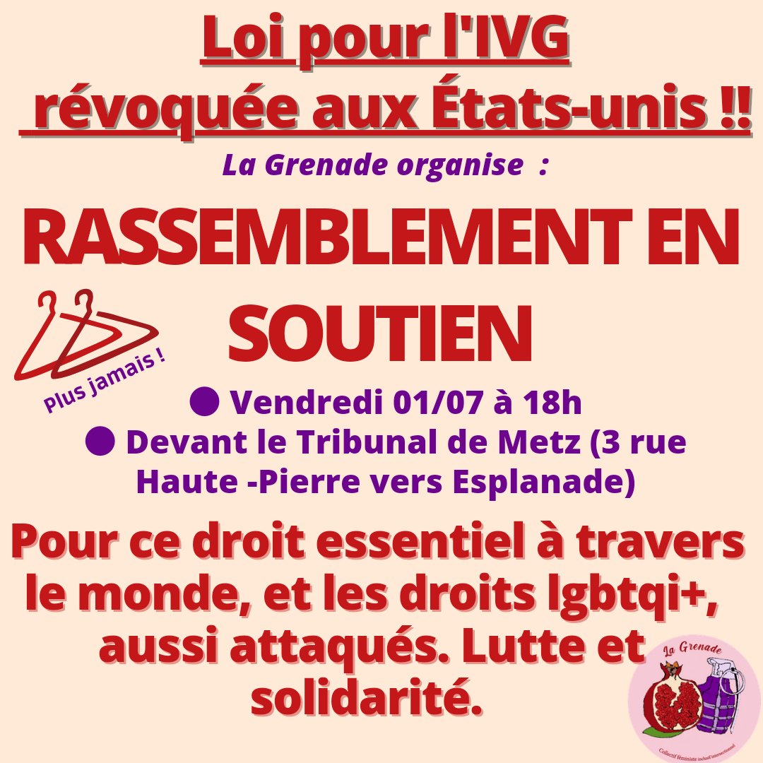 LaGrenadeCollec's tweet photo. RASSEMBLEMENT EN SOUTIEN ET SOLIDARITÉ ! 💥✊ Ce vendredi 1er juillet, 18h, devant le Tribunal de Metz https://t.co/atE3OtODyo
