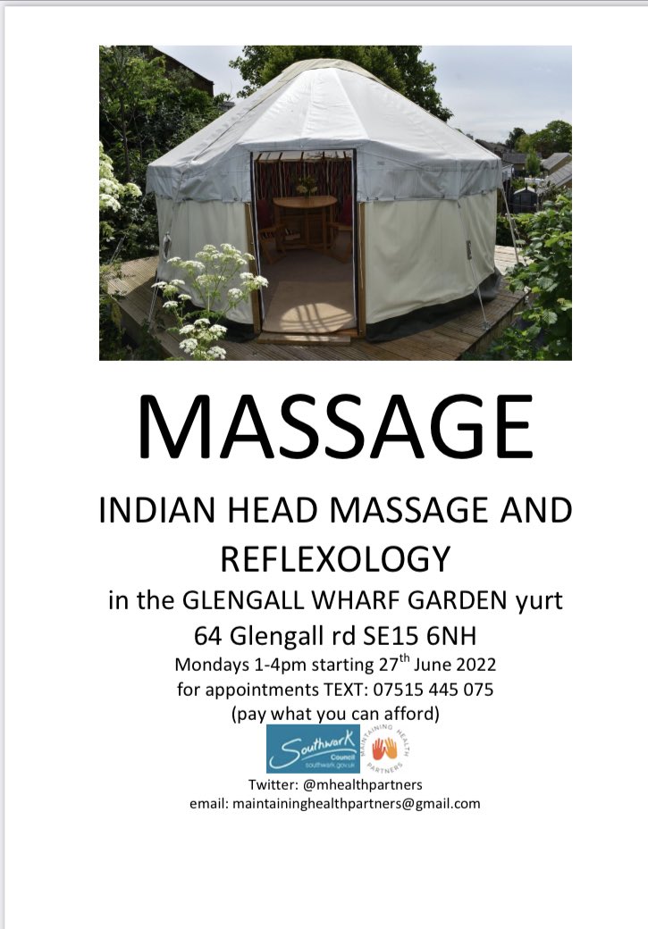 Thanks to @lbsouthwark Neighbourhoods Fund, this week we are starting 6 weeks of free #massage and #reflexology sessions in the #CommunityYurt <a href="/Glengall_Garden/">Glengall Wharf Garden</a> 
See flyer for details of how to book☀️