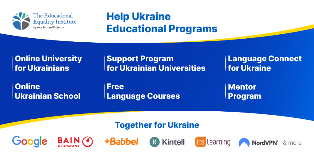 T_E_E_I_'s tweet photo. In response to the war in Ukraine, TEEI started the project “Together for Ukraine” — free educational programs for Ukrainians with the support of our partners: @Google , @personal_prof , @babbel , @itslearning , @sendspark , @NordVPN , @indigovolunteer , and more. https://t.co/loa77n1JwF