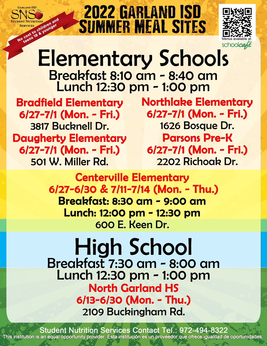 Stop by any of our summer meal sites for FREE #summermeals for all children 18 & under. See the flyer for dates, times and locations! #summerfoodrocks #theGISDeffect 

☀️Student must be present at meal pickup.
☀️Meals must be eaten on site.