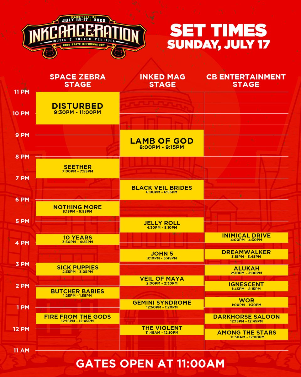 InkcarFestival's tweet photo. ⛓ 🤘SATURDAY &amp; SUNDAY SET TIMES 🤘⛓

An extremely limited amount of Inkcarceration 2022 passes remain, lock in your 🎟 now @ https://t.co/pgZEyWF2IO

**MOBILE APP COMING NEXT WEEK** https://t.co/BttUMZKsnO