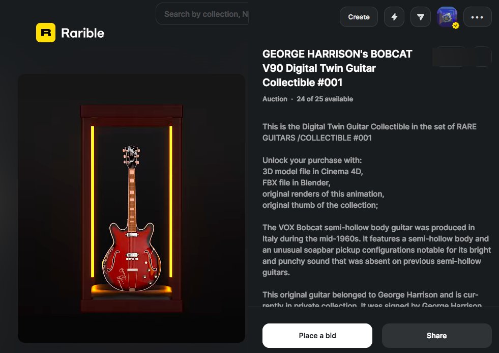 NFT_Orchard's tweet photo. New generation of NFT is here! GEORGE HARRISON's BOBCAT V90 Digital Twin Guitar Collectible. Available on @rarible and @opensea 

https://t.co/uwP9QAPgdx https://t.co/tkzFB4r8t2
