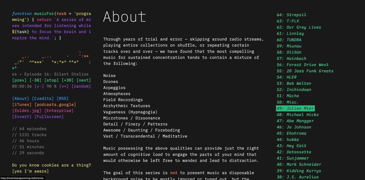 decohack's tweet image. musicforprogramming.net/latest/
Music For Programming - 这是一个专门给开发者工作的时候听歌的电台，歌单是作者经过多年的反复试验挑选出来的，都是一些能够让人专注的音乐。界面非常干净，操作也很硬核。确实听音乐会让你快乐。当你快乐时，你会更有效地工作。