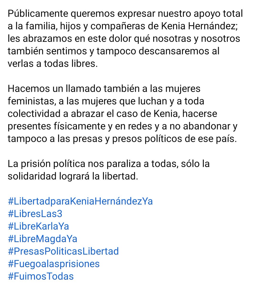 LibresYa_'s tweet photo. 🚨Comunicado: Libertad para Kenia Hernández YA !
https://t.co/1hcLvr3Uo9
@ParaKenia
#LibertadparaKeniaHernándezYa
#LibresLas3
#LibreKarlaYa
#LibreMagdaYa
#PresasPoliticasLibertad
#Fuegoalasprisiones
#FuimosTodas https://t.co/nrMyqL6eKY