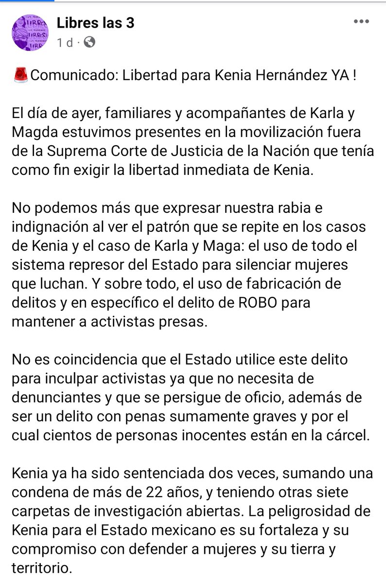 LibresYa_'s tweet photo. 🚨Comunicado: Libertad para Kenia Hernández YA !
https://t.co/1hcLvr3Uo9
@ParaKenia
#LibertadparaKeniaHernándezYa
#LibresLas3
#LibreKarlaYa
#LibreMagdaYa
#PresasPoliticasLibertad
#Fuegoalasprisiones
#FuimosTodas https://t.co/nrMyqL6eKY