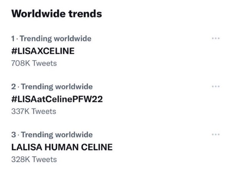 villainpinks's tweet photo. LISA occupies the top 3 of twitter worldwide trends!!

LALISA HUMAN CELINE
#LISAatCelinePFW22 
#LISAXCELINE @BLACKPINK https://t.co/RoOntsI8QP