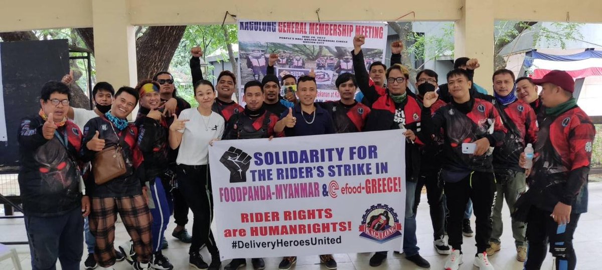 GlobalMayDayNet's tweet photo. At the @kagulong2020 General Membership meeting in Quezon City Metro Manila comrades took this picture in support of the ongoing struggles in Greece and Myanmar earlier today: https://t.co/U2BrTyKdXc

#DeliveryHeroRidersUnited https://t.co/szTI1twcKb