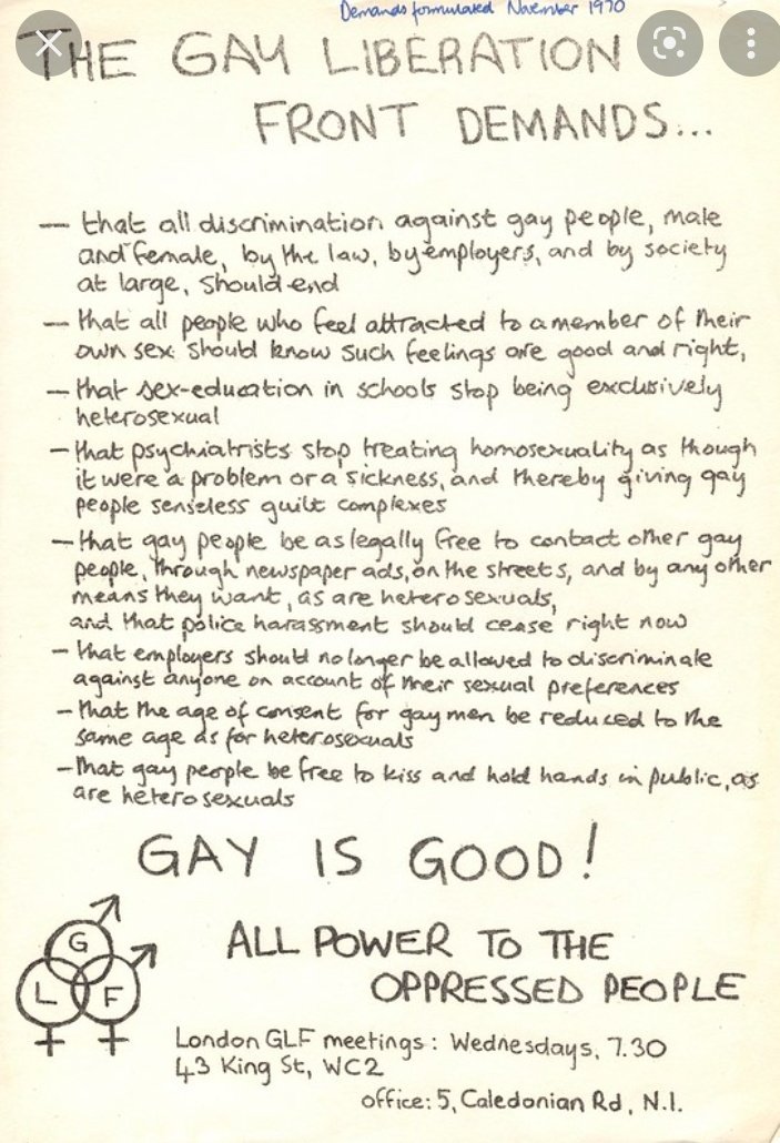 This week is the 50th anniversary of the first #Pride march in London...there's lots of ways to remember those pioneers and consider the strength and determination to push for these simple demands #AllPowerToTheOppressedPeople