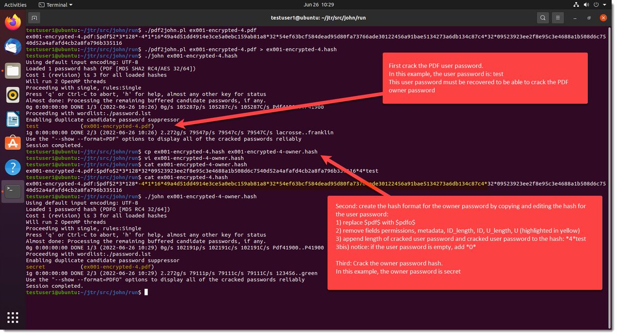 My experimental version of JtR to crack PDF owner password is online. Code is here: github.com/DidierStevens/… Compiled Windows and Ubuntu executables here: github.com/DidierStevens/… New hash format is $pdfo$