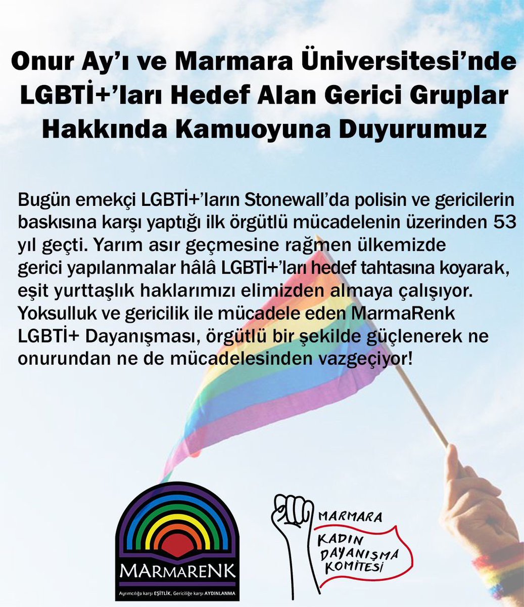 marmaranin_sesi's tweet photo. Onur Ay’ı ve Marmara Üniversitesi’nde LGBTİ+’ları hedef alan gerici gruplar hakkında @marmarenk ve @marmarakdk kamuoyuna duyuruda bulundu. ⬇️ 

#marmaraüniveristesi #PrideMonth  #Pride2022  #onurayi #onurhaftasıyasaklanamaz #OnurHaftası  #LGBT https://t.co/Rddhlrg4x3
