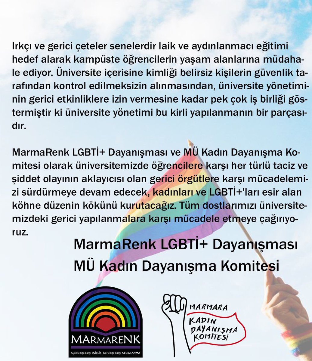 marmaranin_sesi's tweet photo. Onur Ay’ı ve Marmara Üniversitesi’nde LGBTİ+’ları hedef alan gerici gruplar hakkında @marmarenk ve @marmarakdk kamuoyuna duyuruda bulundu. ⬇️ 

#marmaraüniveristesi #PrideMonth  #Pride2022  #onurayi #onurhaftasıyasaklanamaz #OnurHaftası  #LGBT https://t.co/Rddhlrg4x3