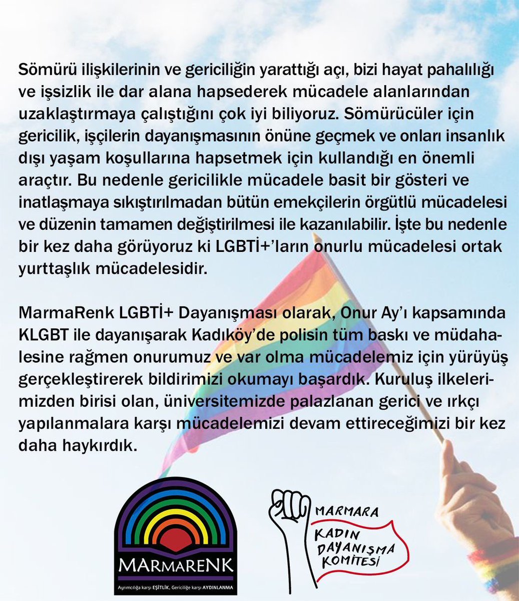 marmaranin_sesi's tweet photo. Onur Ay’ı ve Marmara Üniversitesi’nde LGBTİ+’ları hedef alan gerici gruplar hakkında @marmarenk ve @marmarakdk kamuoyuna duyuruda bulundu. ⬇️ 

#marmaraüniveristesi #PrideMonth  #Pride2022  #onurayi #onurhaftasıyasaklanamaz #OnurHaftası  #LGBT https://t.co/Rddhlrg4x3