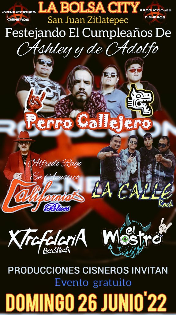 Rock_Urbano's tweet photo. 26 de Junio 2022 / La Bolsa City / San Juan Zitlatepec / 12PM / Entrada Gratis
#PerroCallejero
#CaliforniaBlues
#LaCalleRock (@lacallerock1)
#Xtrafalaria (@XtrafalariaRock)
#ElMostro
#TocadaSanJuanZitlatepec #TocadasRockUrbano #RockUrbano #RockNacional #RockMexicano https://t.co/AlstBsV7rH