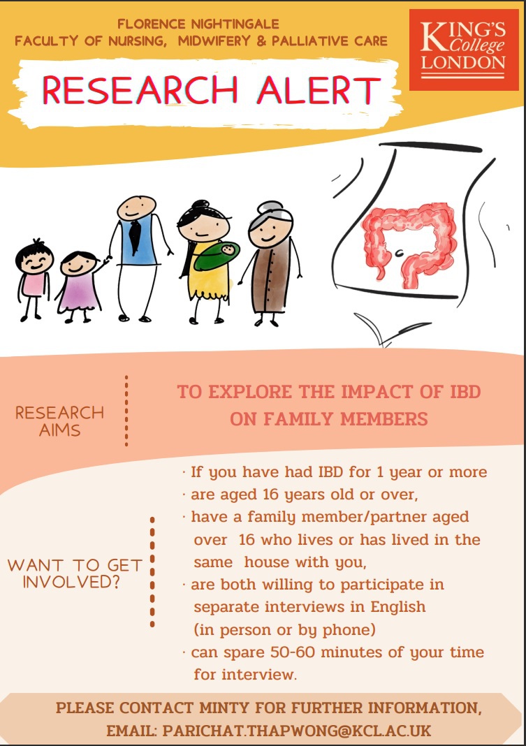 CrohnsColitisUK's tweet photo. Have you had IBD for more than one year? Do you have a parent, child, or sibling who would be willing to join you to take part in a 1 hour interview with King's College London researchers to understand the impact of IBD on families? Find out more here: https://t.co/r1WdXeyqNd https://t.co/QGTx8IzAtN