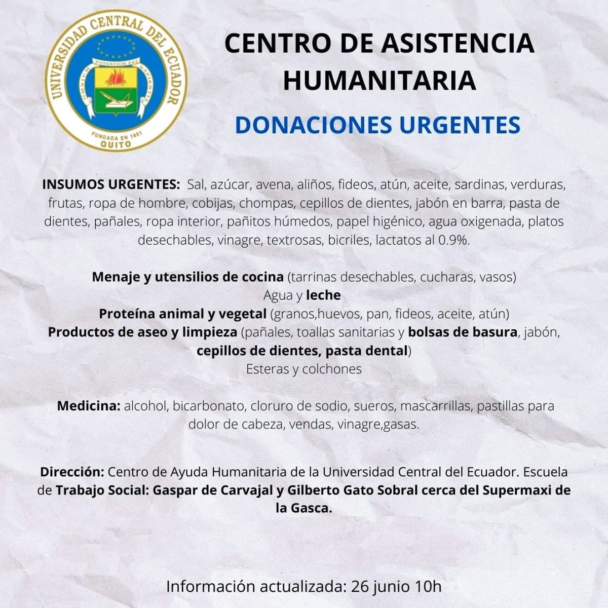 #DONACIONES 
Centro de asistencia Humanitaria