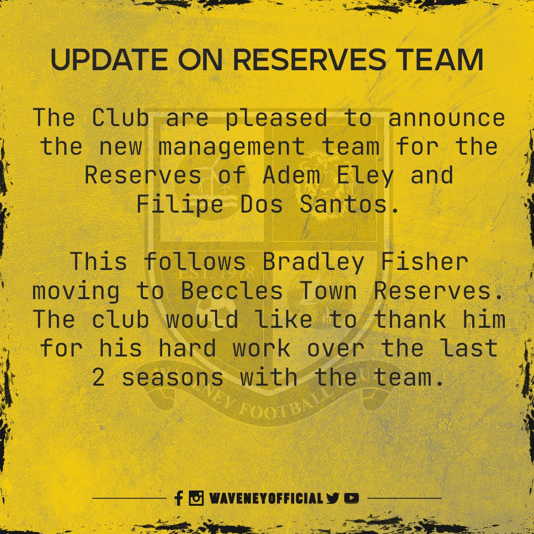WAVENEYOFFICIAL's tweet photo. 🟨 𝗨𝗽𝗱𝗮𝘁𝗲 𝗢𝗻 𝗥𝗲𝘀𝗲𝗿𝘃𝗲𝘀 𝗧𝗲𝗮𝗺 ⬛

#WFC #WaveneyFC #WaveneyOfficial #ThurlowNunn #Reserves #angliancombinationleague  #ManagementUpdate https://t.co/NGgLwyLw1n