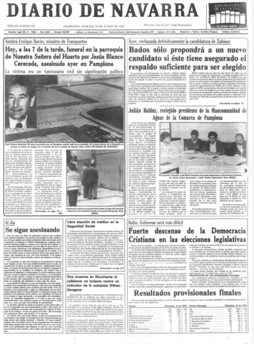 MemorialVT's tweet photo. 27.06.1983. Se cumplen 39 años del asesinato por ETA-m en Pamplona del jefe del Servicio de Comunicaciones del aeropuerto de Noáin JESÚS BLANCO CERECEDA. Varios terroristas le esperaban a la puerta de su domicilio. Uno de ellos se acercó y le disparó tres tiros. https://t.co/DNSlI9vxDX