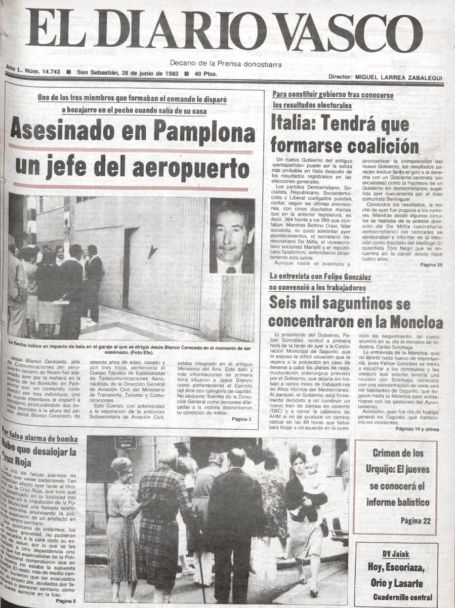 MemorialVT's tweet photo. 27.06.1983. Se cumplen 39 años del asesinato por ETA-m en Pamplona del jefe del Servicio de Comunicaciones del aeropuerto de Noáin JESÚS BLANCO CERECEDA. Varios terroristas le esperaban a la puerta de su domicilio. Uno de ellos se acercó y le disparó tres tiros. https://t.co/DNSlI9vxDX