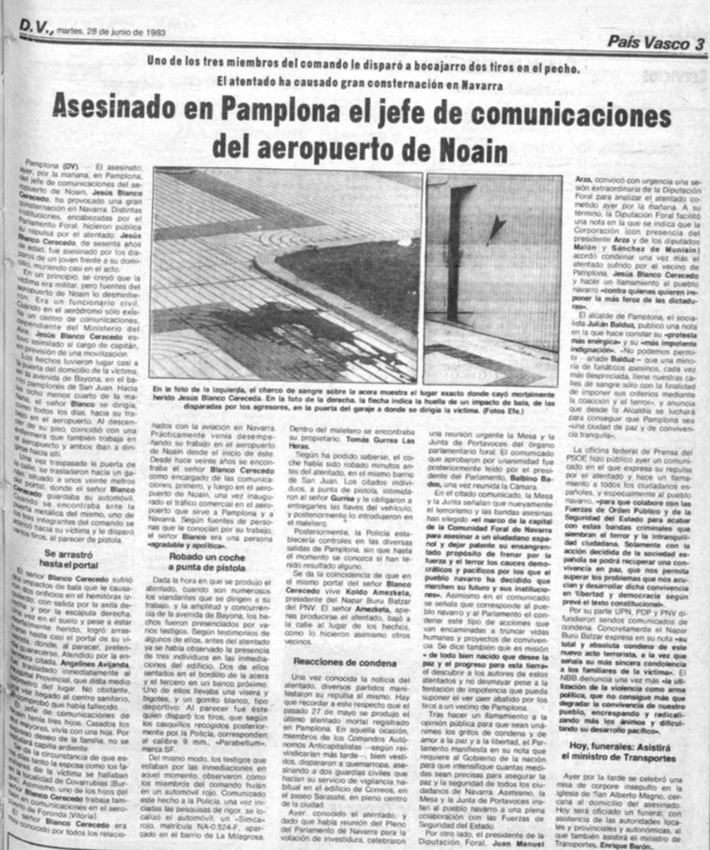 MemorialVT's tweet photo. 27.06.1983. Se cumplen 39 años del asesinato por ETA-m en Pamplona del jefe del Servicio de Comunicaciones del aeropuerto de Noáin JESÚS BLANCO CERECEDA. Varios terroristas le esperaban a la puerta de su domicilio. Uno de ellos se acercó y le disparó tres tiros. https://t.co/DNSlI9vxDX