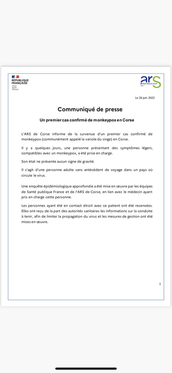 FTViaStella's tweet image. Un premier cas de Monkeypox (variole du singe déclaré en Corse)