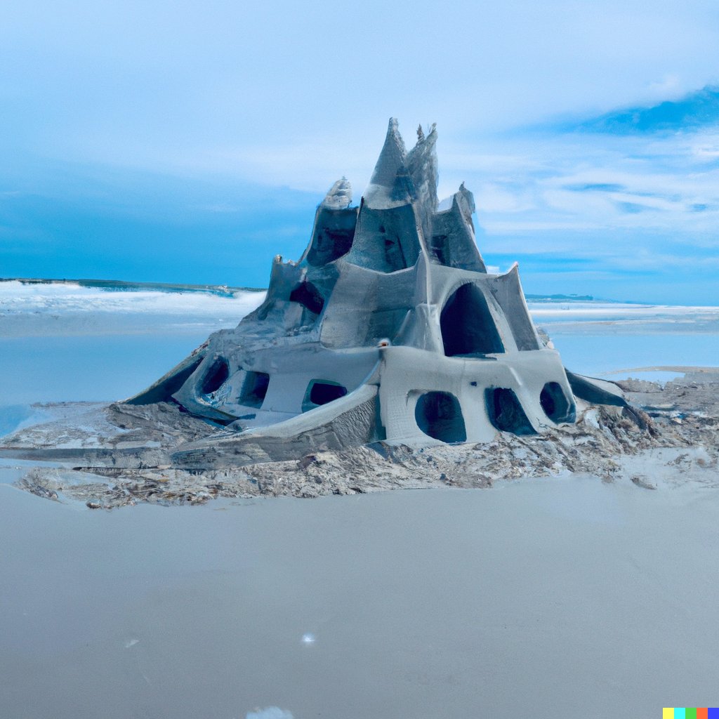 bakztfuture's tweet photo. "photo of a frank gehry sand castle on Daytona Beach" #dalle #dalle2 https://t.co/LO1oByRKum