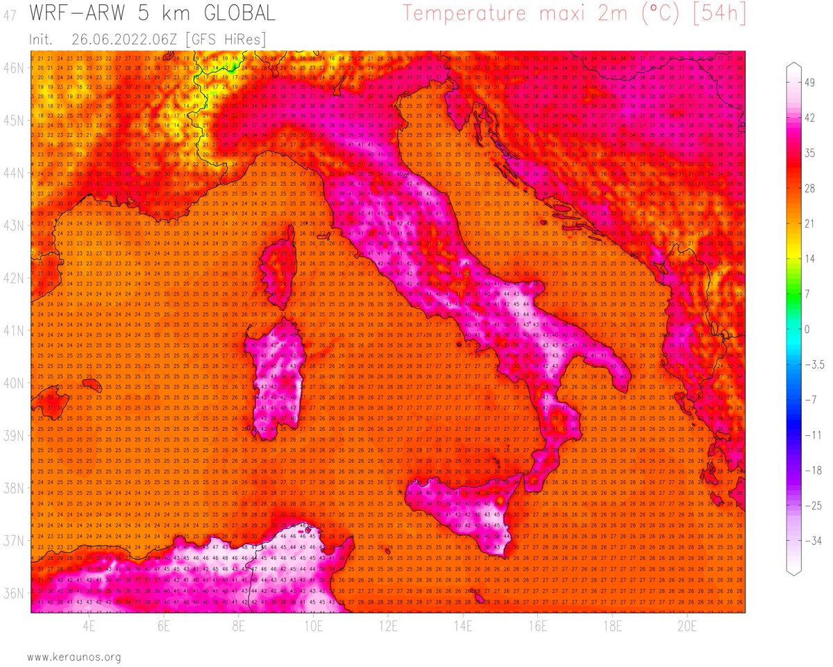 Le pic de chaleur devrait se produire mardi dans le sud de l'#Italie. Pointes à 45°C probables en #Sicile surtout, 43/44°C dans les Pouilles et 40°C possible à Florence ou Rome dès demain lundi. 