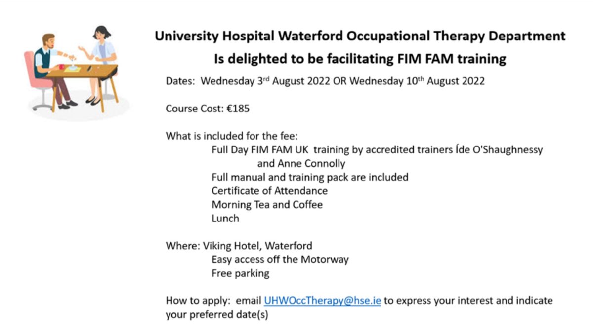 FIM FAM UK training is being hosted by UHW Occupational Therapy. Still few places left on both 3rd Aug or 10th Aug. Email UHWOccTherapy@hse.ie to reserve a place. @ideoshaughnessy @annieconno