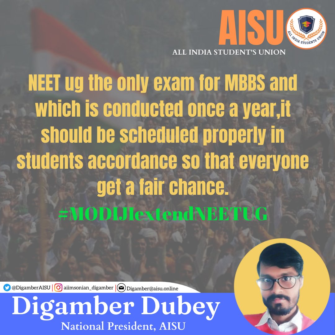 DigamberAISU's tweet photo. NEET ug the only exam for MBBS and which is conducted once a year,it should be scheduled properly in students accordance so that everyone get a fair chance.
#MODIJIextentNEETUG
@PMOIndia @narendramodi https://t.co/Ci6vPkCIbd