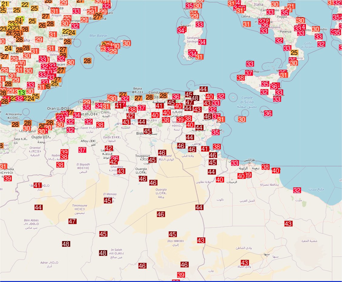 La dorsale anticyclonique est très puissante de l'est de l'Algérie à la Tunisie et l'Italie.
47.5°C à Beja, 47.2°C à Jendouba en #Tunisie ce dimanche. Carte Ogimet 