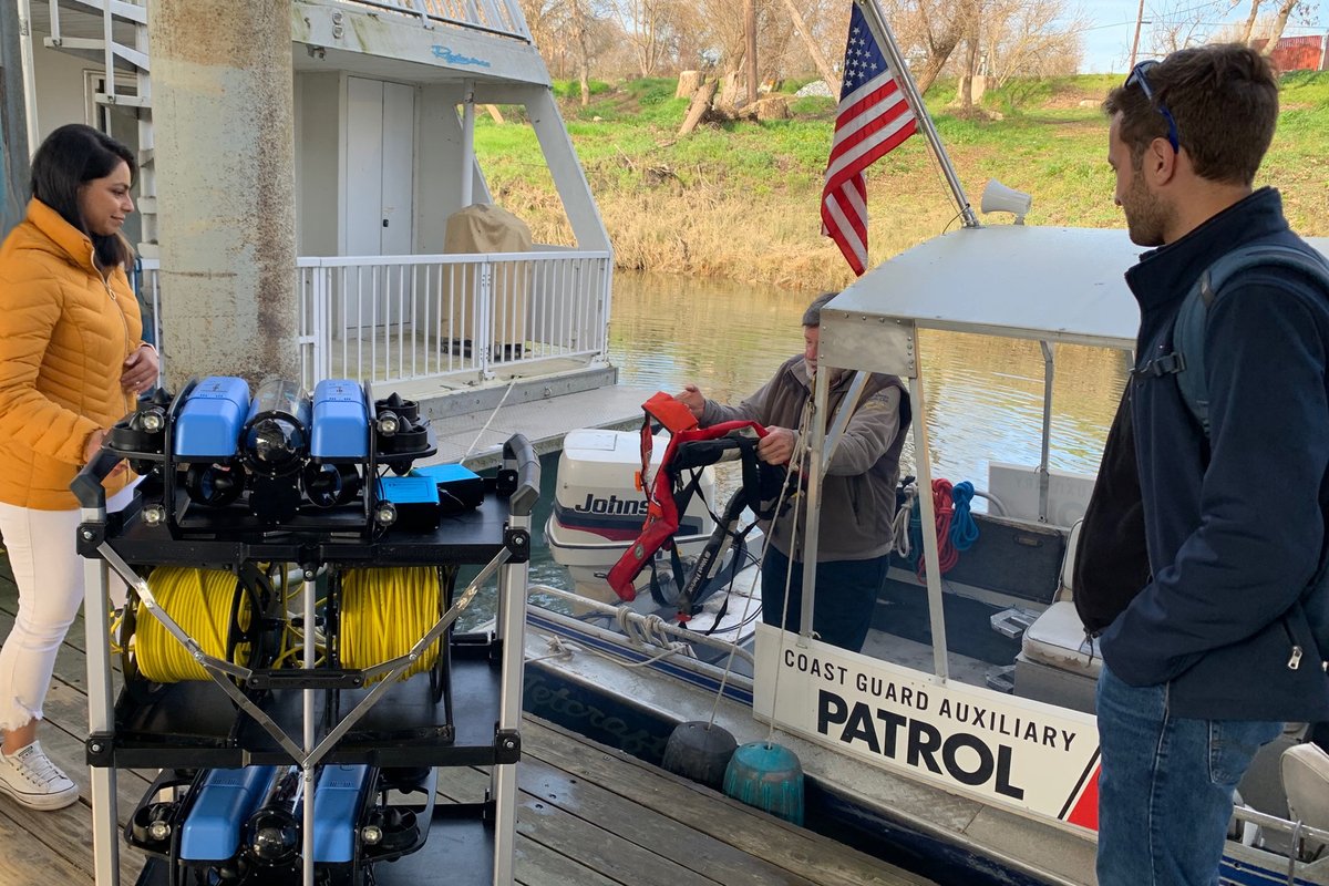 USCGAux12_7's tweet photo. The Berkeley Marine Robotics team doing field tests of an automated system for biofouling scan of ship hulls.  USCG Auxiliary flotilla facility (boat) helped our research in Sacramento port by giving a ride to some of our ROVs and our Robotics PhDs from University of California. https://t.co/h4CsCB4rpY