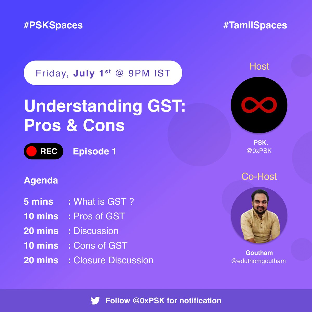 0xPSK's tweet photo. We're hosting a space on GST (Goods and Services Tax) on July 1st (fifth anniversary of GST)
Understanding GST: Pros & Cons
PSK Spaces: Episode 1
Friday, July 1st, 9 PM IST
Set a reminder 👇🏼
@TamilSpaces @TamilSpaceViz
#FiveyearsofGST #PSKSpaces #TamilSpaces https://t.co/XfEjXK1rZh