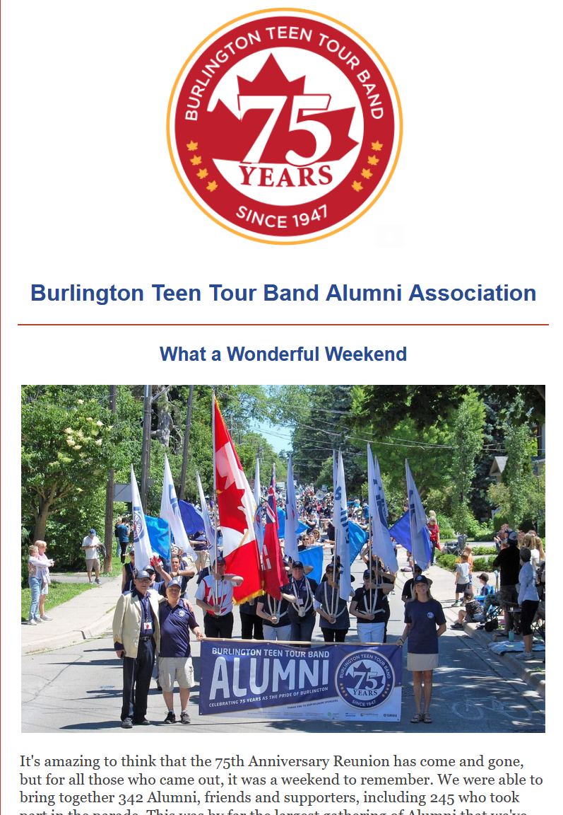 The Alumni newsletter is out. In this edition we thank our volunteers, invite you to take a survey to make the 80th even better, ask for your photos and congratulate Don Allan for a long-overdue recognition. 
conta.cc/3ykxbpg. <a href="/BTTB1/">Burl. Teen Tour Band</a> <a href="/BTTBBoosters/">Teen Tour Boosters</a> #BTTB75 #BTTB #BurlOn
