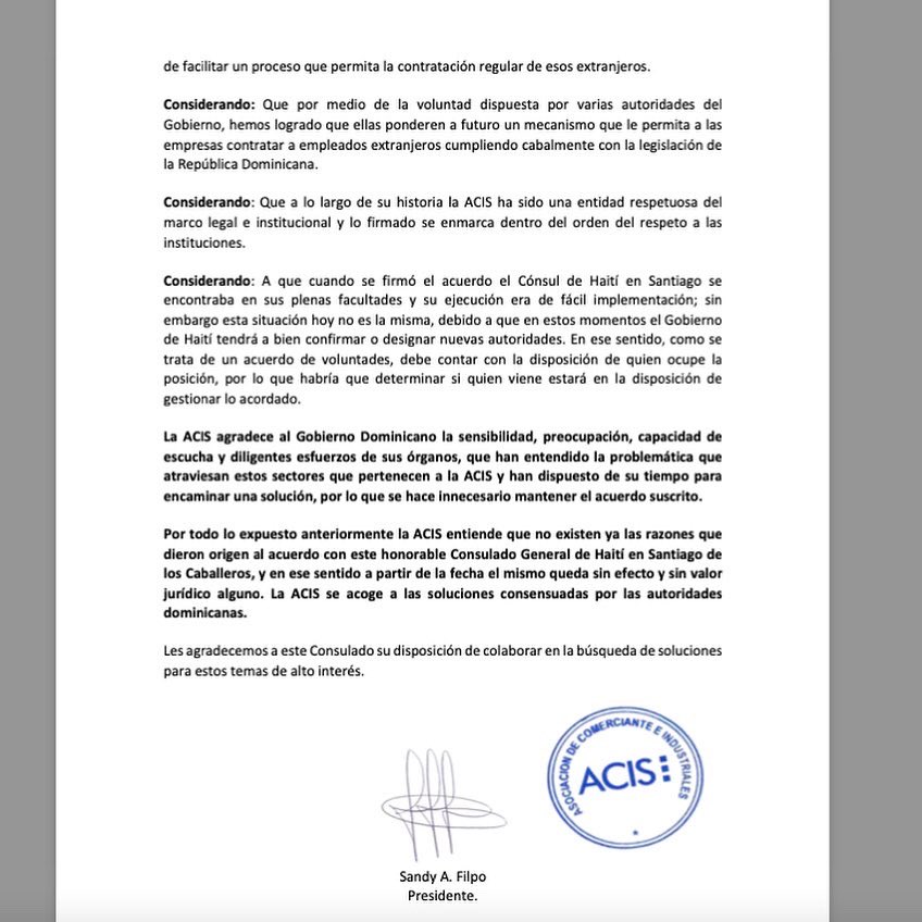 ACIS_RD's tweet photo. Carta al Consulado de Haití en Santiago, donde la ACIS informa la terminación del acuerdo en virtud a las propuestas de diferentes entidades con la finalidad de promover una solución a los problemas que aquejan a los sectores productivos perjudicados. https://t.co/yKXuVROR7U