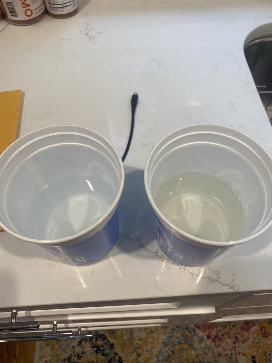 derekadler's tweet photo. @CLTWater Should this be happening in 28210? Never seen this before. Tap water on right, filtered on left. Is it safe to drink? #flint? #charlottewater https://t.co/ApHrTQkwUw