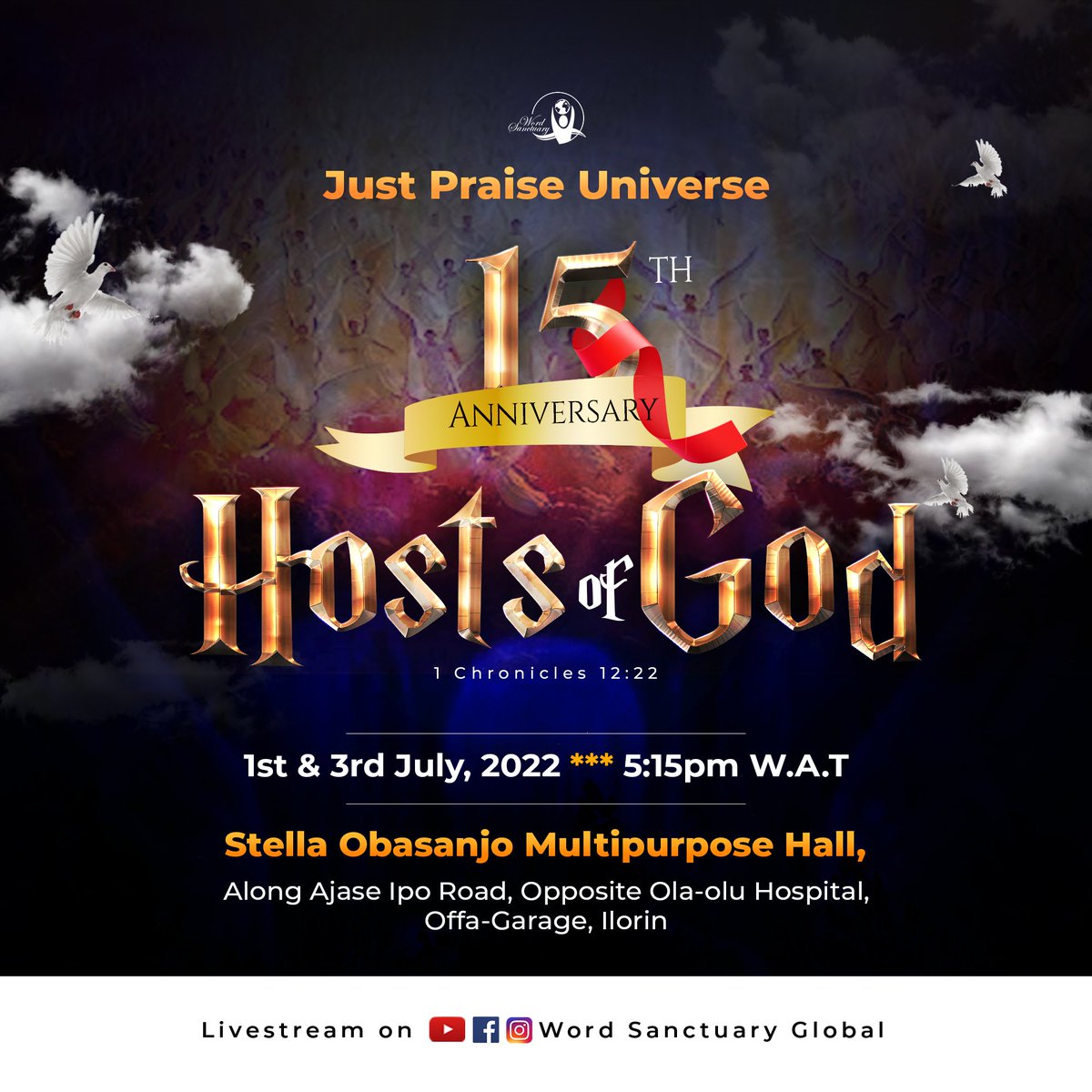 word_sanctuary's tweet photo. Celebration Mode activated as we bring you the Hosts of GOD. It's 15th Year Anniversary of both Word Sanctuary Global and JustPraise Universe. Join us Live on YouTube, Facebook, &amp; IG. 
The Glory has come to stay forever. 
#JPUAnniversaryAT15
#WordSanctuaryAT15 
#MondayMotivation https://t.co/EveeorlCiG