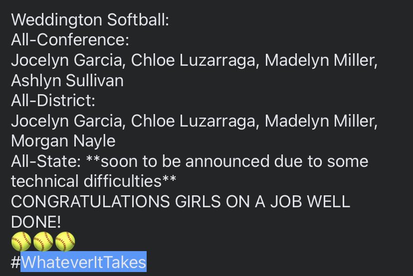 Weddington Softball (@wit_warriors) on Twitter photo Congratulations to these girls who accomplished these accolades through their hard work, dedication and their team behind them! So proud of this whole team! 🥎 #WIT <a href="/WeddingtonHSNC/">Weddington High School</a> <a href="/NCSCASSOCIATION/">NCSoftballCoachAssoc</a> Congratulations to these girls who accomplished these accolades through their hard work, dedication and their team behind them! So proud of this whole team! 🥎 #WIT <a href="/WeddingtonHSNC/">Weddington High School</a> <a href="/NCSCASSOCIATION/">NCSoftballCoachAssoc</a>