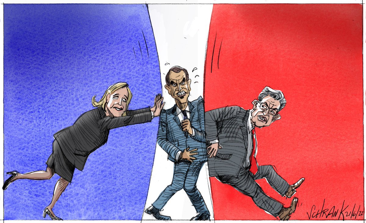 Peter Schrank on #FrenchElections #EmmanuelMacron #MarineLePen
#JeanLucMelenchon #RassemblementNational #NupesUrgenceSociale #Nupes - political cartoon gallery in London original-political-cartoon.com