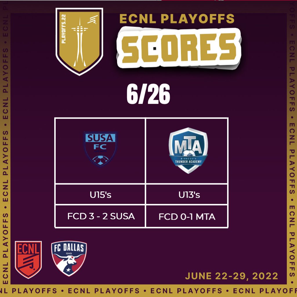 Scores from Day 5 here in Seattle. Our @fcdallas_07ecnl girls won a great contest 3-2 to go 3-0, win the group and advance to the Round of 16. Our @fcd09gecnl lost a close one 1-0 to MTA in Game 2 of group play. 

#DTID