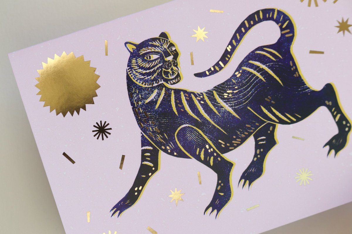 My Lucky Tiger card is probably one of my favourite designs 😍  originally created using a lo fi foam print technique and then digitised, printed and foiled 👌🏻 I have a series of lucky charms pieces in my shop laylaholzer.com/shop designed to wish luck and joy #HandmadeHour