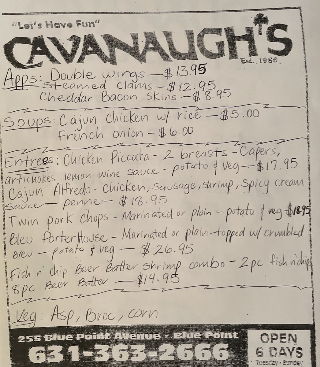 CavanaughsPub's tweet photo. Sunday dinner specials, kitchen open till 9:30pm. Sunday 2 for 1 wings all day. #beerofthemonth #burgers #yumonli #steaks #onoinsoup #longisland #otb #porterhouse #bluepoint #bayport #sayville #holbrook #pub #bpfd #irishpub #budlightseltzer #cavs https://t.co/3ovO9FBTJl