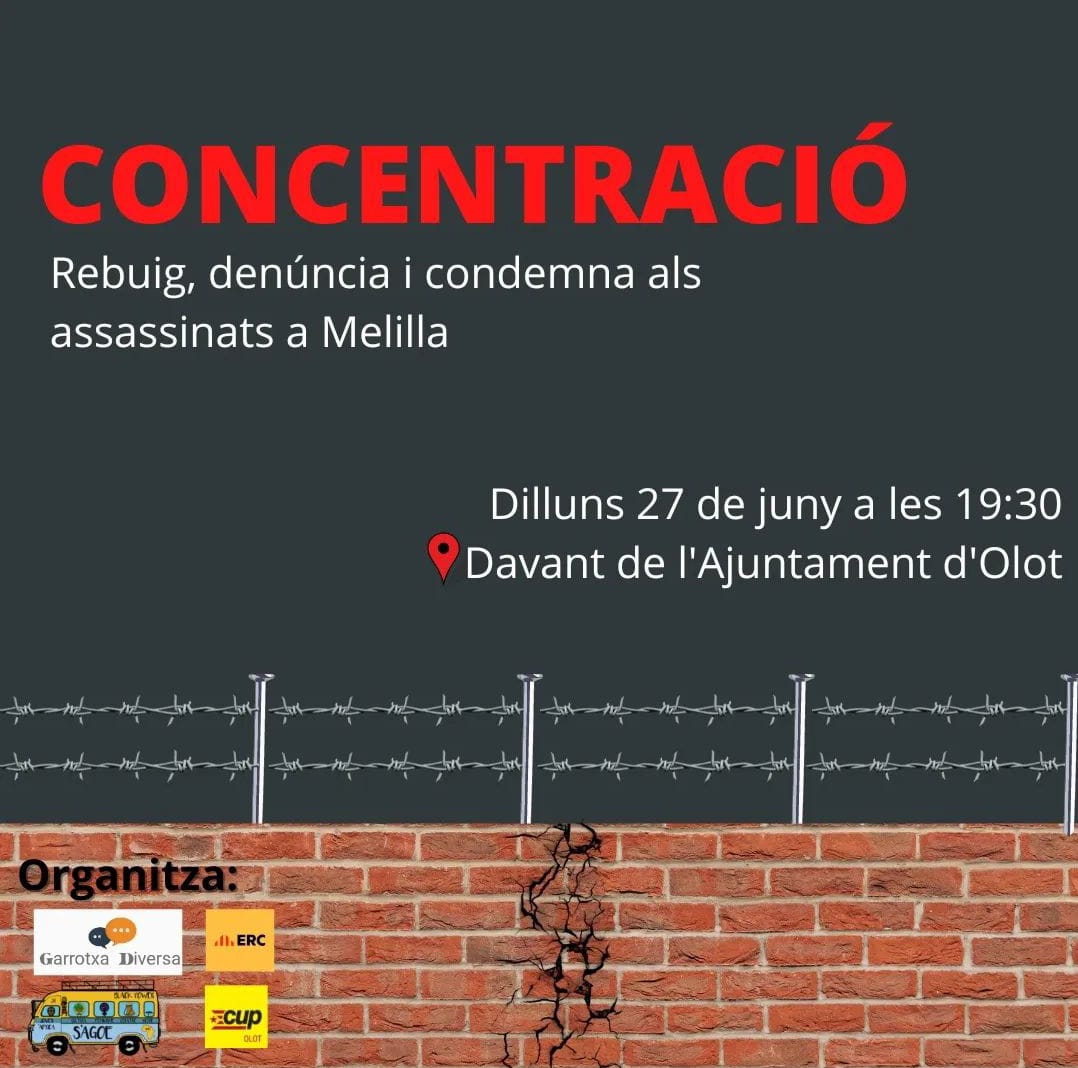 cntolot's tweet photo. Demà tothom a l'Ajuntament a les 19:30 en protesta pels assassinats a Melilla.
🔥 Foc a les fronteres. https://t.co/YDJRBhUV2E