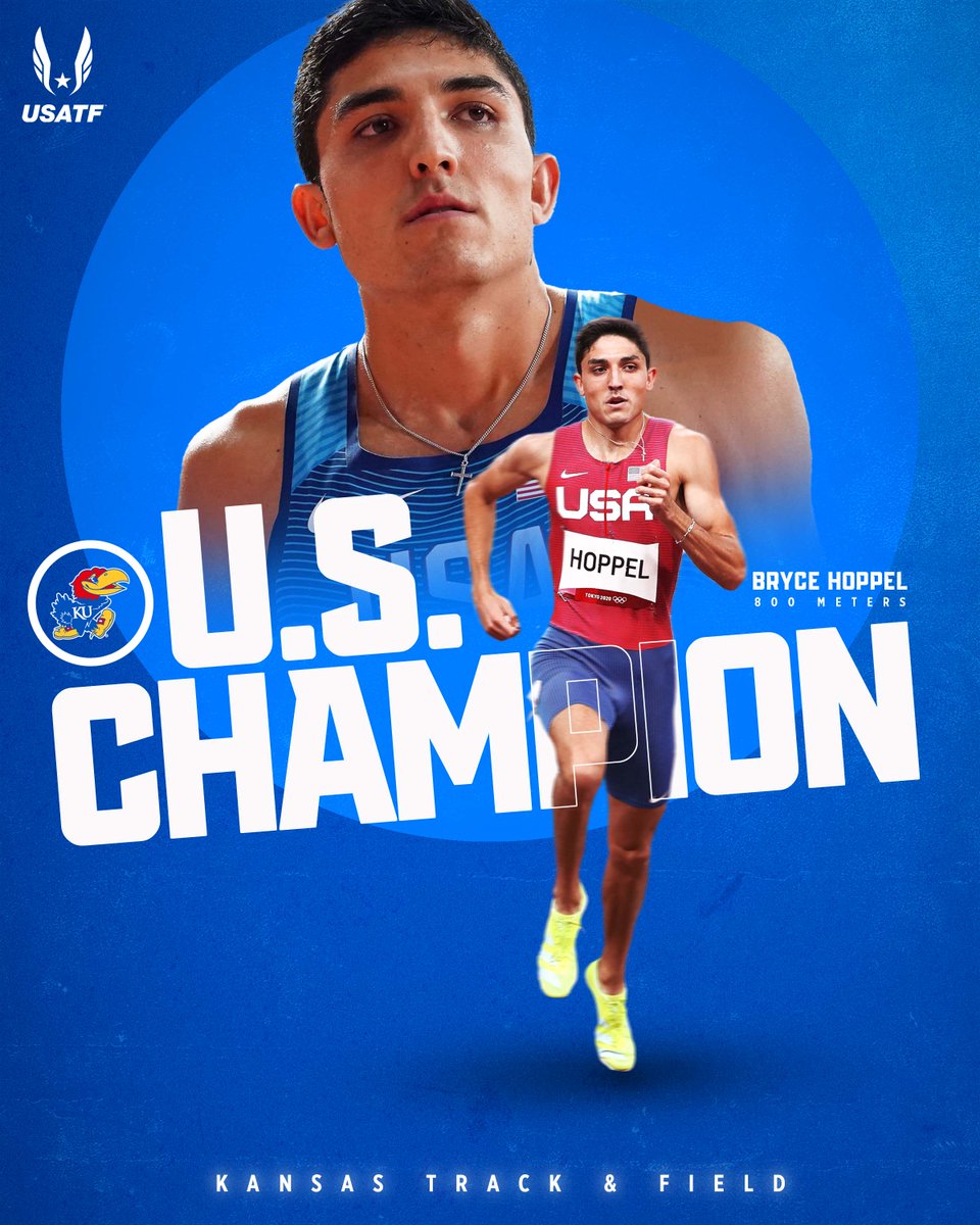 kansastfxc's tweet photo. 𝐔.𝐒. 𝐂𝐇𝐀𝐌𝐏𝐈𝐎𝐍!🇺🇸

@BryceHoppel wins the @usatf 800 meters title in 1:44.60, qualifying for the World Championships!

#KUtrack #RockChalk https://t.co/0JfxNHSukp