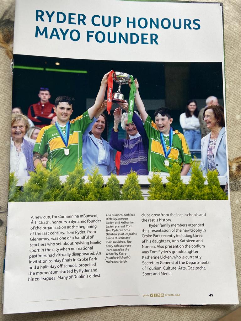Founding member @CnmbDublin Tom Ryder was honoured in the match programmes for this weekend's All-Ireland 1/4 finals. Tom's daughter Kathleen o Malley won 10 All-Ireland camogie titles with Dublin @MayoCnmB @MayoGAA @DubGAAOfficial @CamogieDublin @cnambnaisiunta @CillChomainGAA