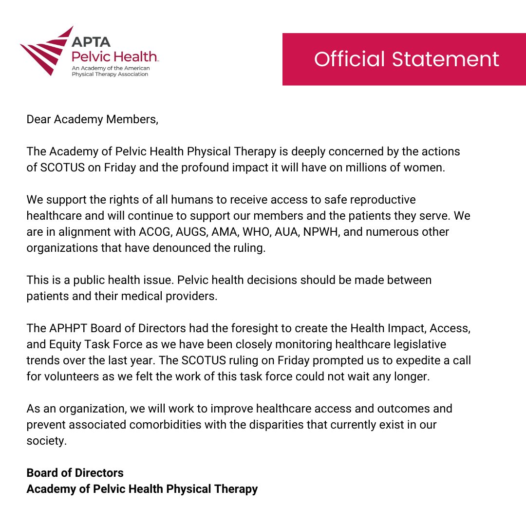 aptapelvic's tweet photo. Official statement from the Academy of Pelvic Health Physical Therapy Board of Directors.

Shareable statement website link: https://t.co/PVM3WpzJNi

Our call for volunteers is still open for our task force! We are seeking Academy members. Sign up at 
https://t.co/6OaojjzUcc https://t.co/ADci57u7E0