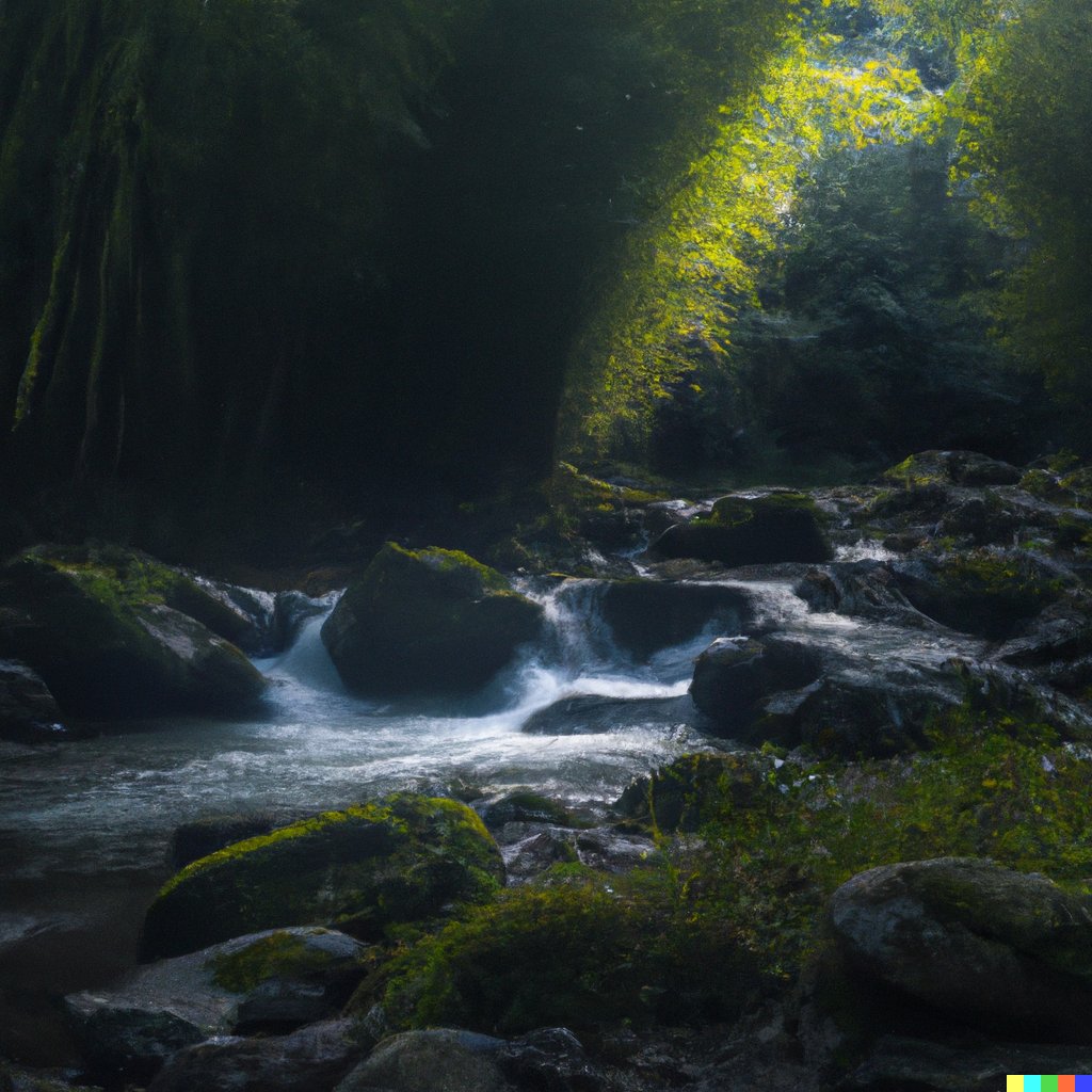 gm "early morning river flowing through a moss-covered bamboo forest with large rocks" #dalle